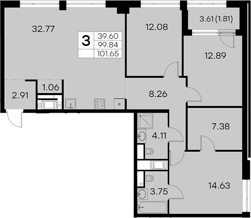 3-комнатная квартира 101.65 м², 5/19 эт., ЖК «GloraX Aura Vasileostrovsky»